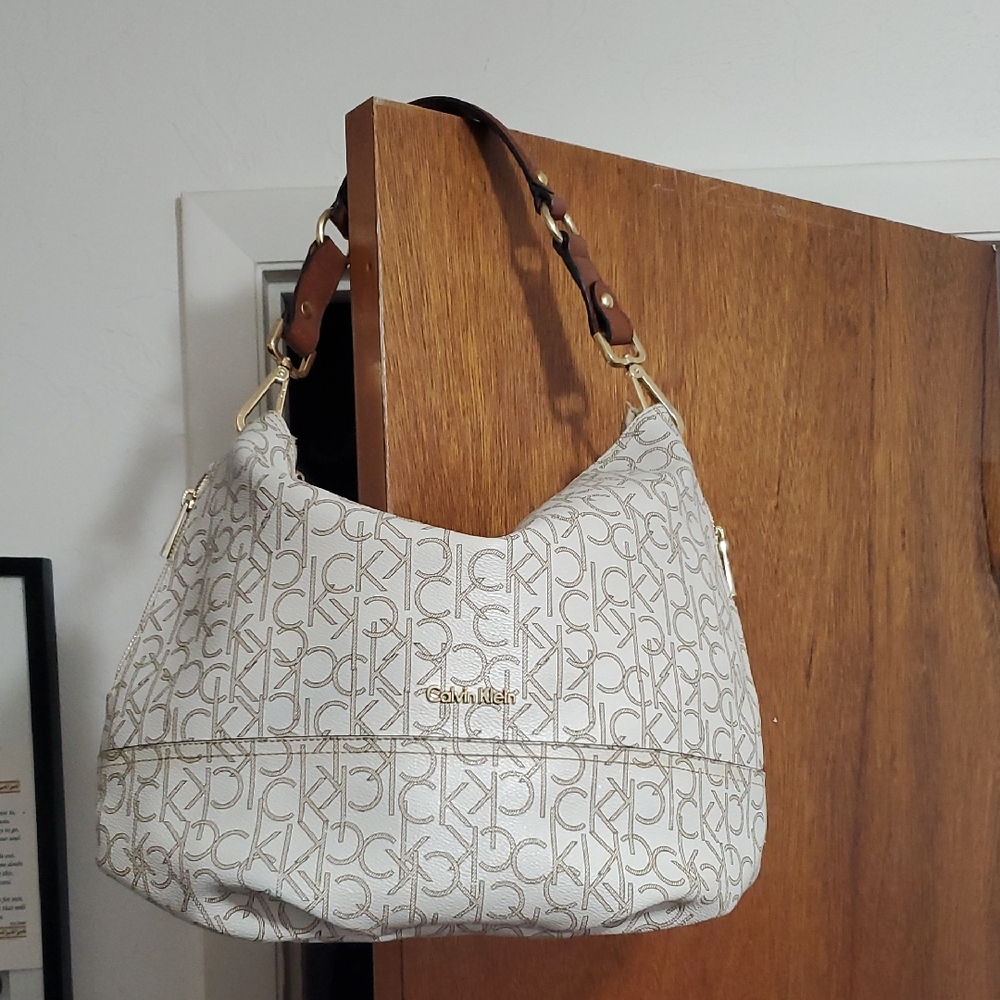Calvin Klein Cream Monogram Hobo with Brown Strap